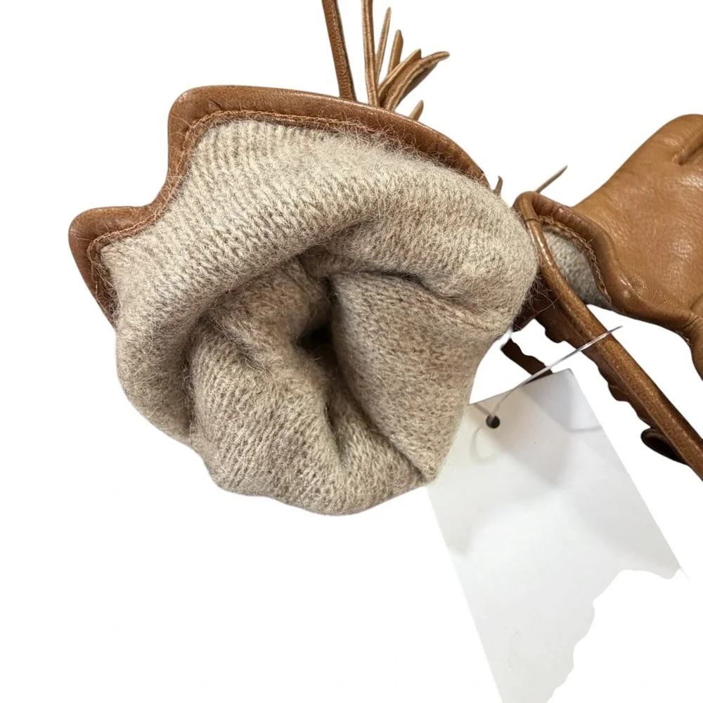 Bloomingdale's Italian Leather Fringe Gloves Camel Cashmere Lined SZ 6 NWT Boho